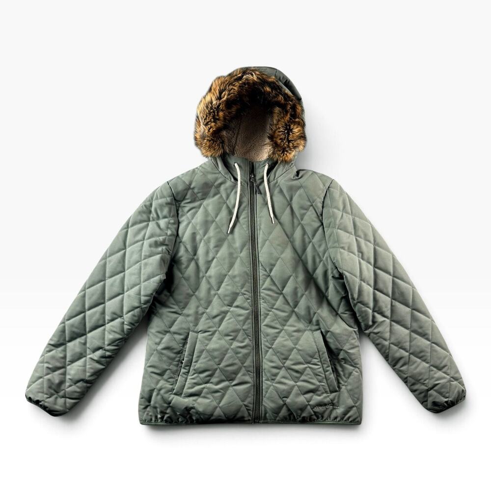Eddie Bauer Womens XL Quilted Sherpa Lined Hooded Jacket Faux Fur Sage Green